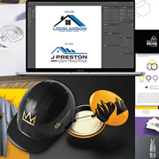 Samples of company logos printed on various products; badge pins, t-shirts, stationary, etc.