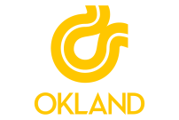 Yellow printed logo for Okland