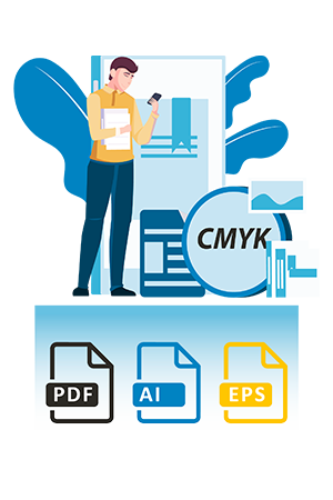 animated man showcasing print elements and cmyk file types