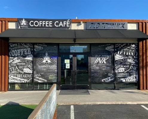 Coffee Cafe and Tattoo storefront window graphics