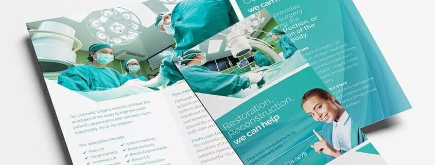 printed tri-fold brochure with medical and hospital information