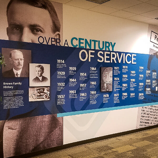 Color wall covering displaying the history of a company with historical photos and facts.