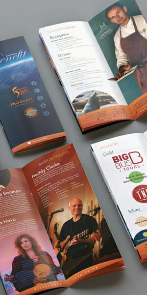 Examples of full color printed brochures for different types of events.