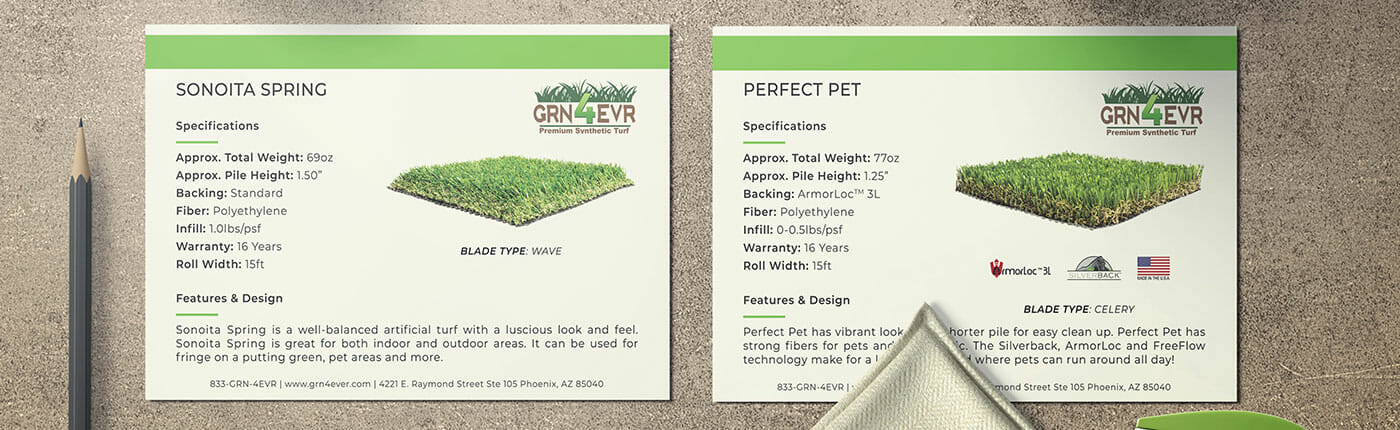 Informational postcards for Green 4 Ever turf company.