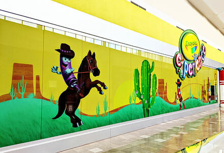 Large window graphics wrap display for The Crayola Experience in Chandler, Arizona.