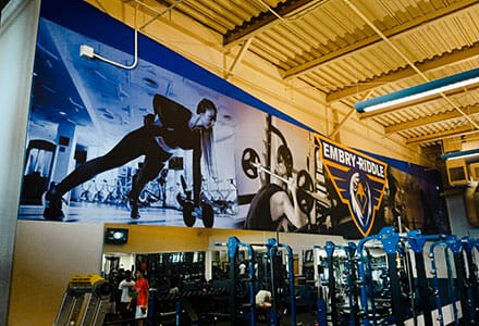 Interior graphics wall wrap inside a school's weight room.