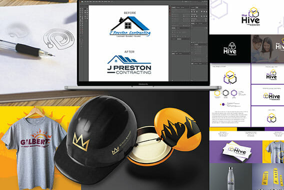 Brand logos printed on various products, from hard hat and buttons to t-shirts, pens, brochures, etc.
