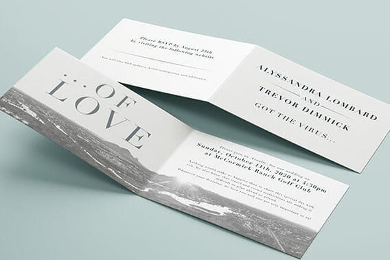 Sample of the front and back of a printed wedding invitation
