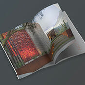 Saddle-stitch brochure with its pages open showing a luxury home entryway.