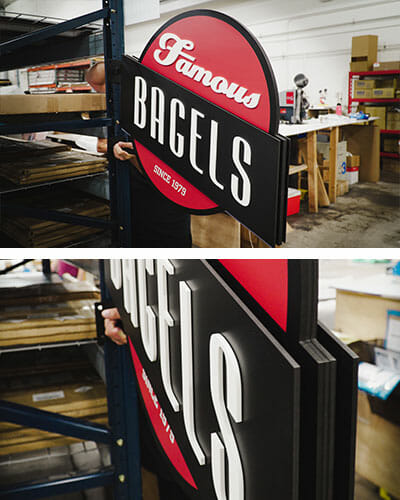 Print shop making Famous Bagels signage.