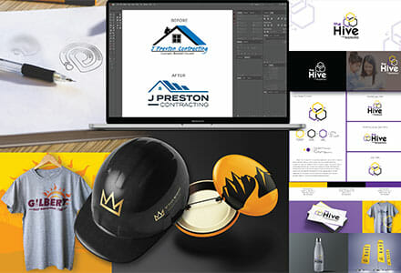 Collage of various graphic design services such as logos, t-shirts, pins, and hard hats.