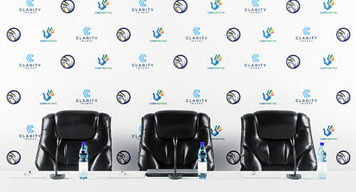 Sponsorship backdrop with the sports logo and it's charity and partner logos printed on it for a media or PR event.