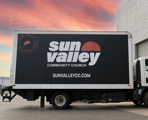 Side view of full wrap of a box truck for Sun Valley Community Church