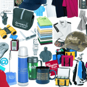 A display showing a wide variety of promotional products.