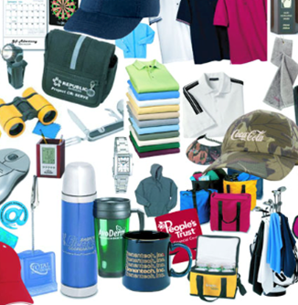 A display showing a wide variety of promotional products.