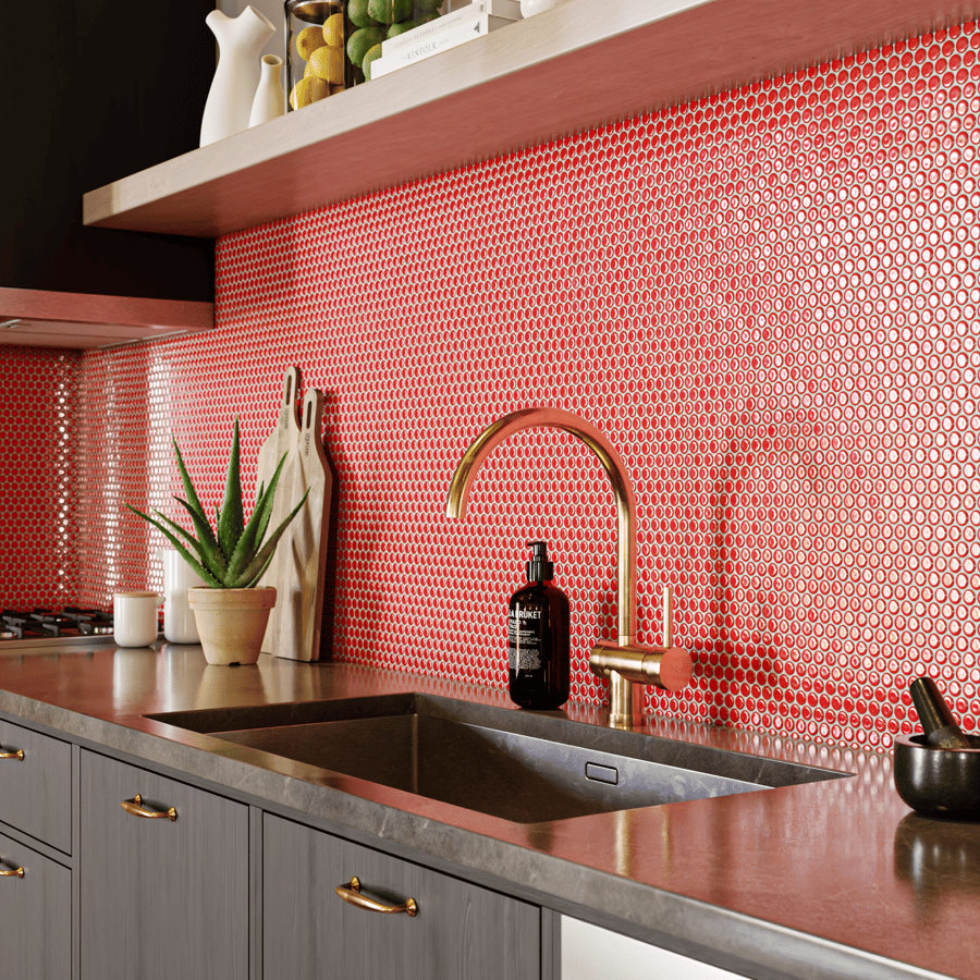 Textura de azulejo cerâmico brilhante redondo, vermelho