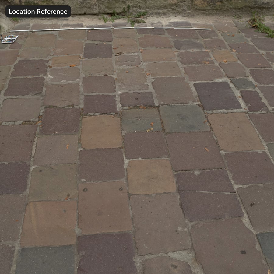 磨損的鵝卵石鋪路磚紋理與落葉