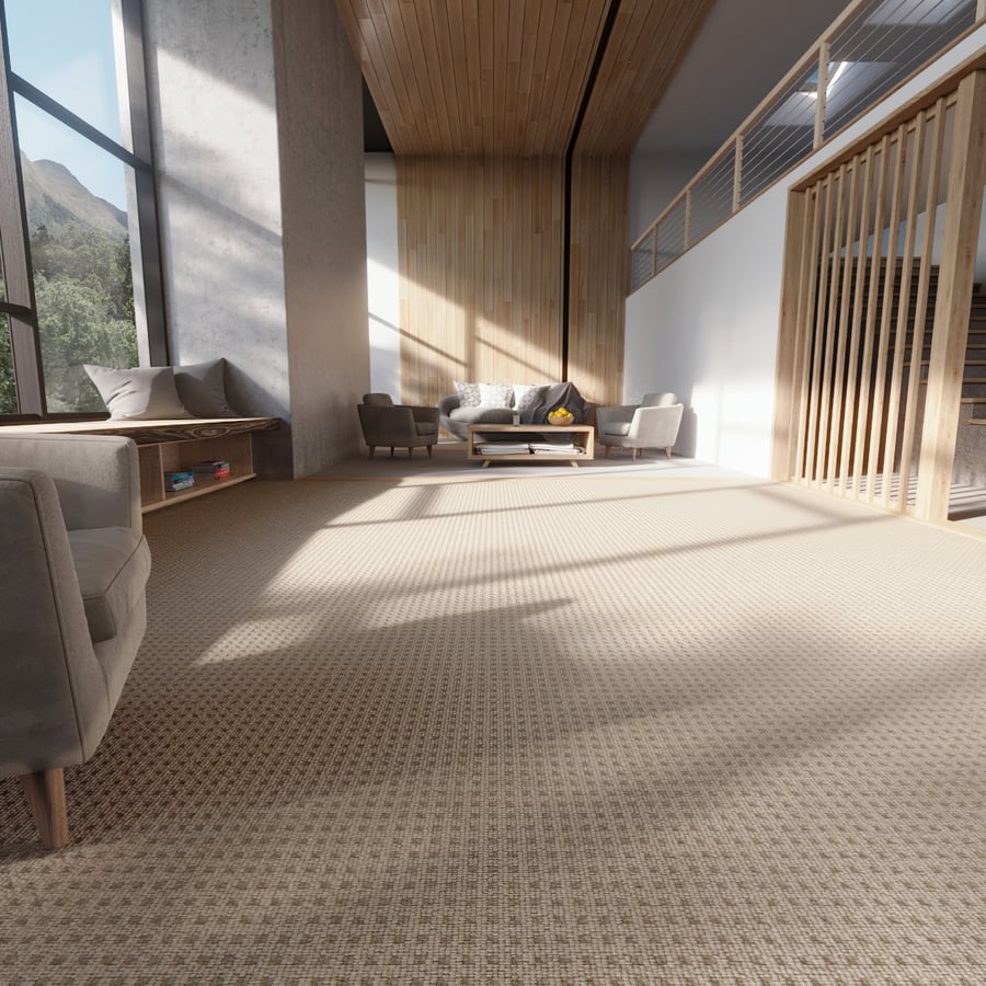 Textura de piso em carpete com padrão em grade e pilha em loop, bege