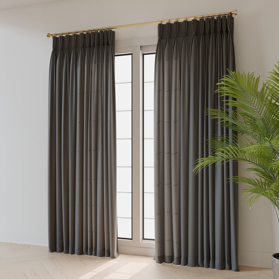 Modelo de cortinas com pregas parcialmente abertas, cinza