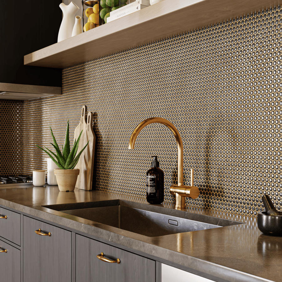 Textura de azulejo cerâmico brilhante redondo, preto e dourado