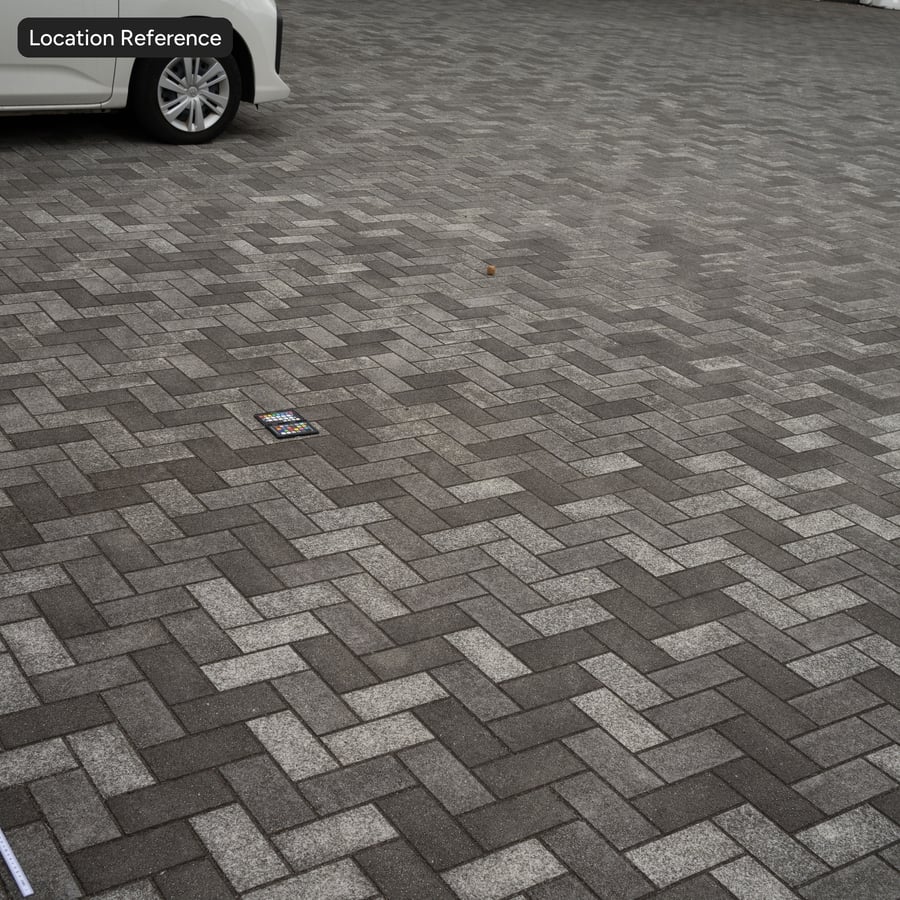 Textura de pavimento em concreto com padrão em espinha, cinza dois tons