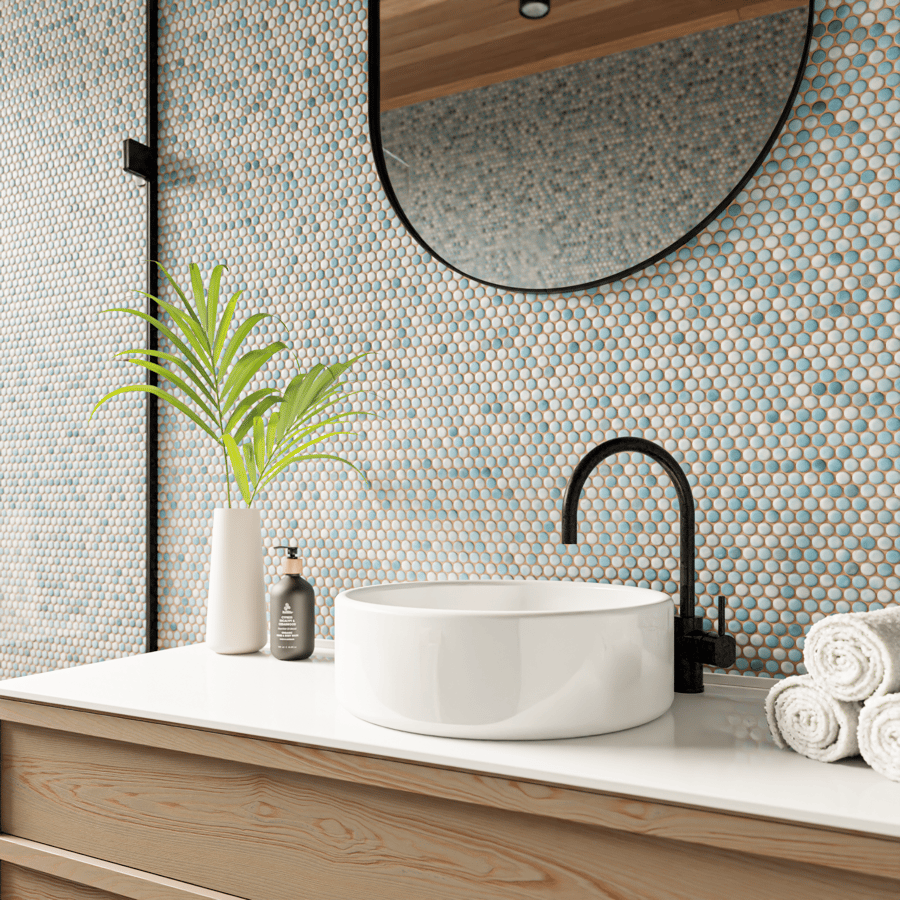Textura de azulejo cerâmico brilhante redondo, azul claro
