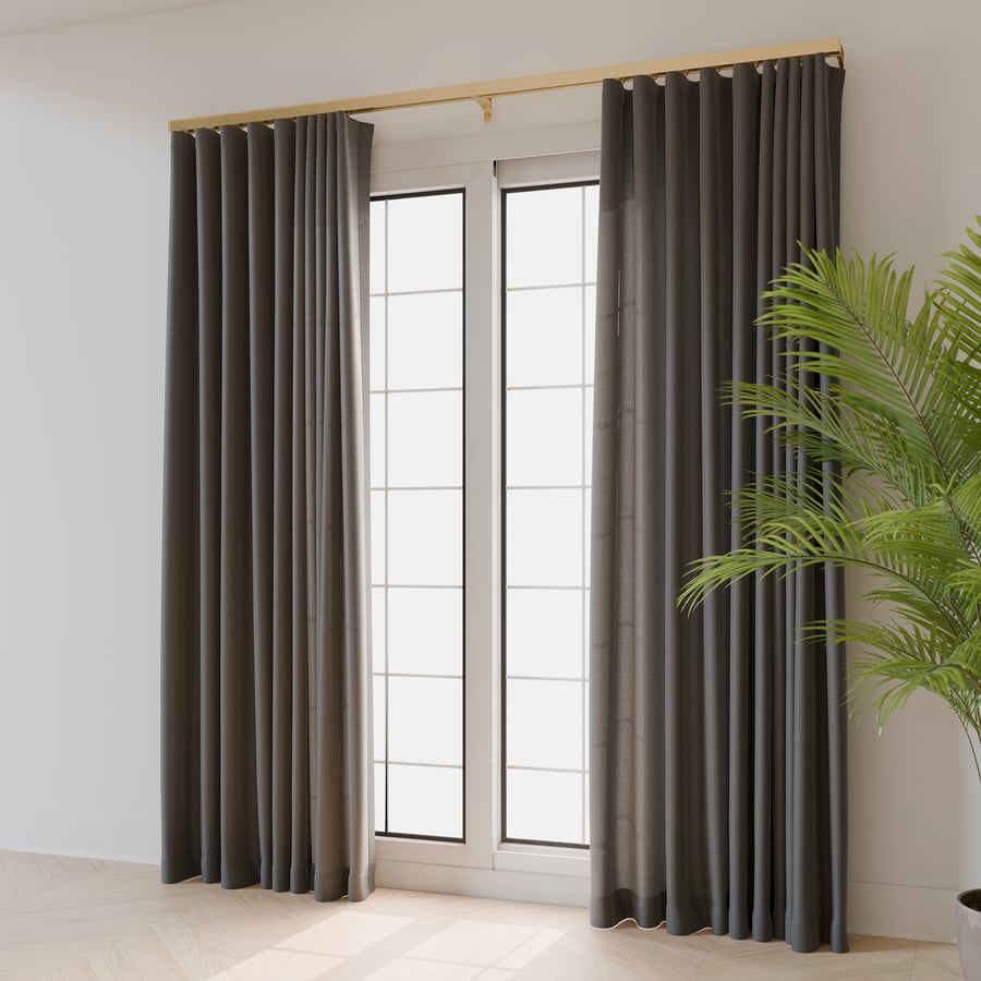 Modelo de cortinas parcialmente abertas com pregas onduladas, cinza