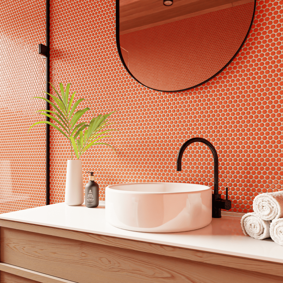 Textura de azulejo cerâmico brilhante redondo, laranja