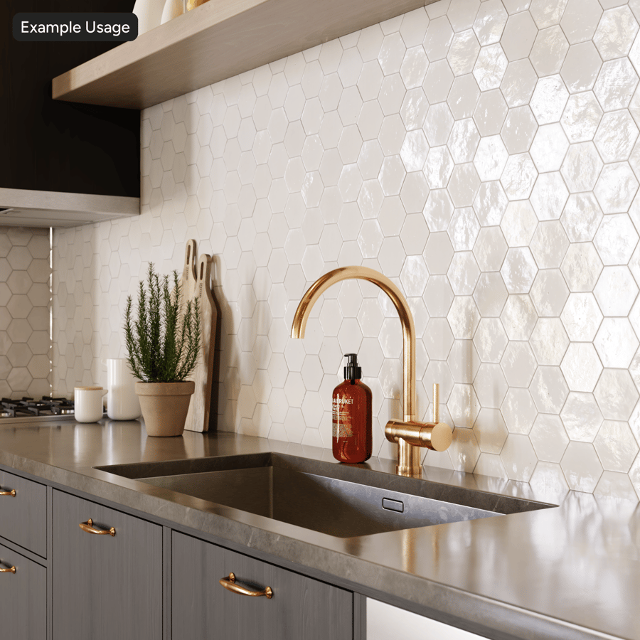 Azulejo Hexagonal Zellige Textura Brilhante, Branco