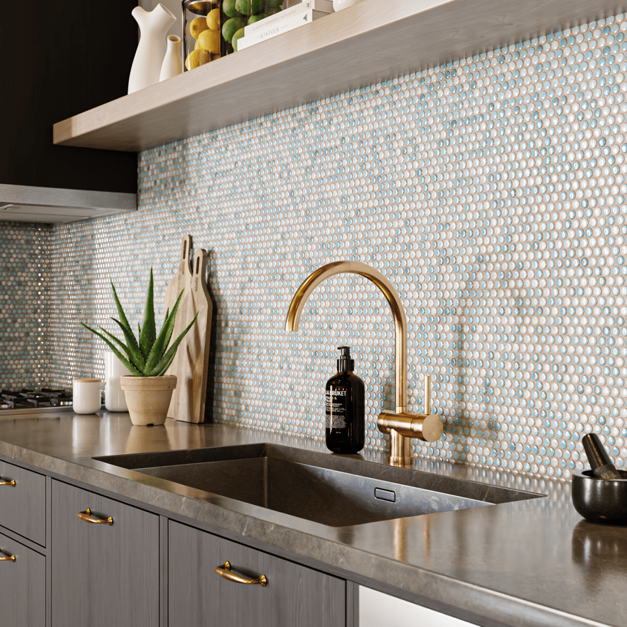 Textura de azulejo cerâmico brilhante redondo, azul claro