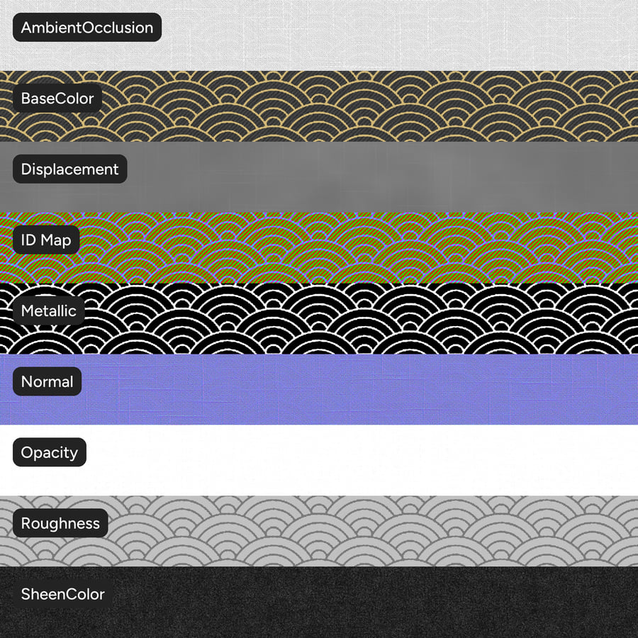 Textura de tecido para estofos com padrão de ondas japonesas, preto e dourado