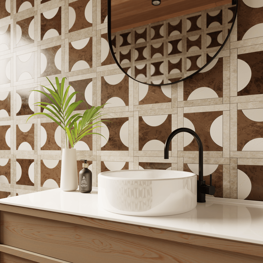 Semi Circles Geometric Square Tiles, Beige