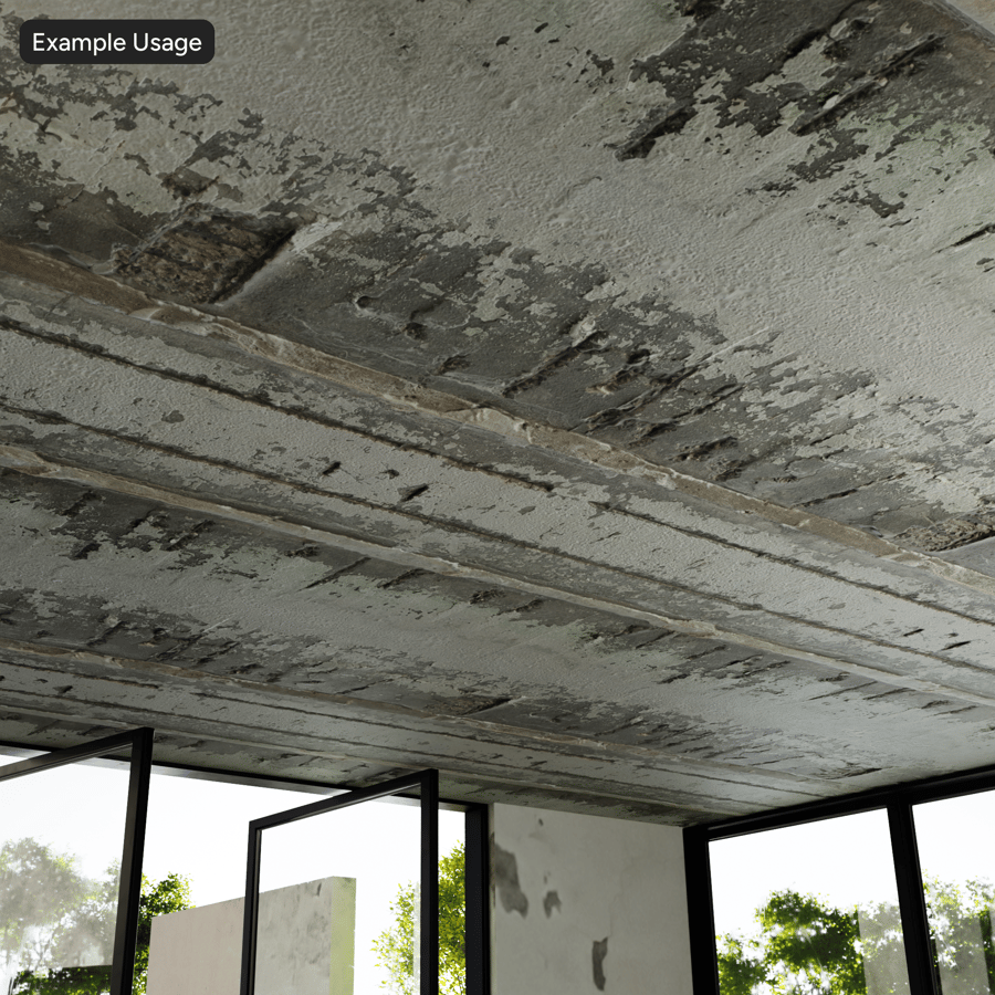 Betonnen plafondtextuur met afbladderende verf en bekistingsnaden, grijs