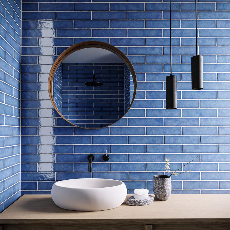 Textura de azulejo cerâmico brilhante com desvio retangular, azul empoeirado