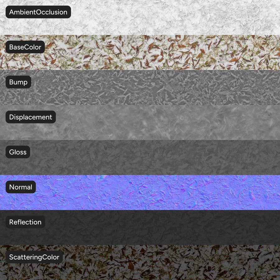 Folhas espalhadas e textura de neve