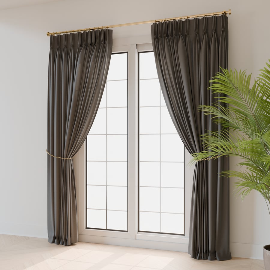 Cortinas com pregas puxadas para trás, cinza