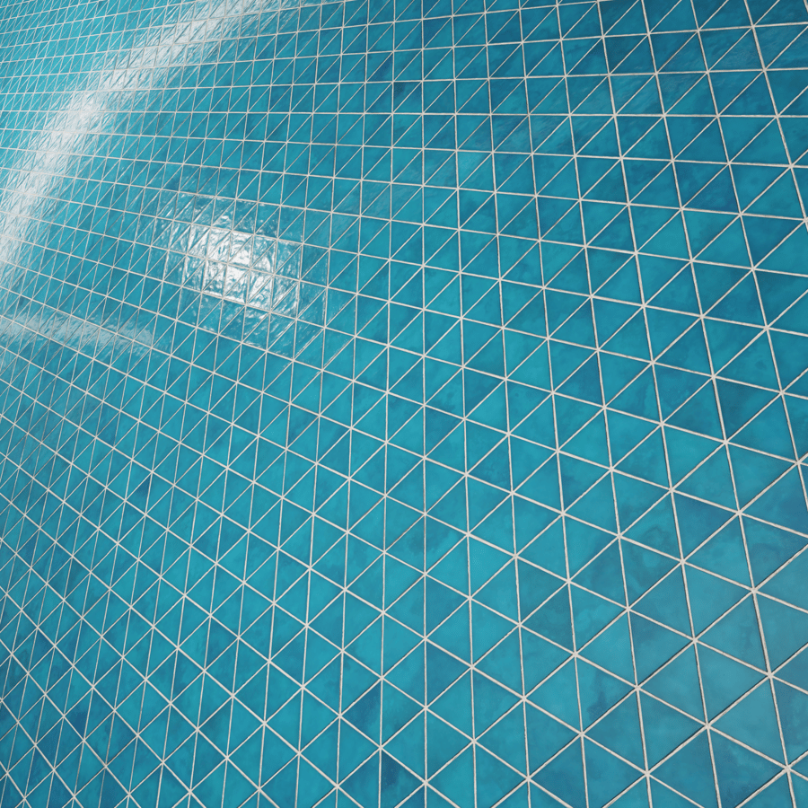 Textura de azulejo cerâmico triangular brilhante, azul oriental