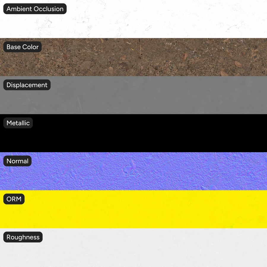 Textura de suelo de tierra con hojas en descomposición y guijarros, marrón