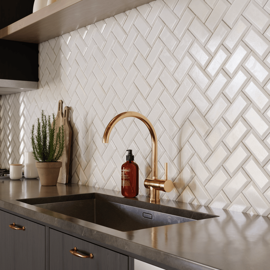 Herringbone Ceramic Glossy Tile Texture, White