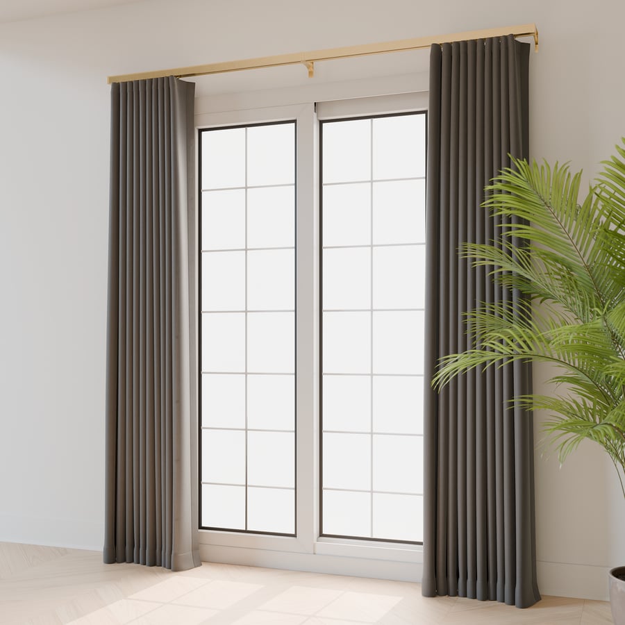 Modelo de cortinas abertas com pregas onduladas, cinza