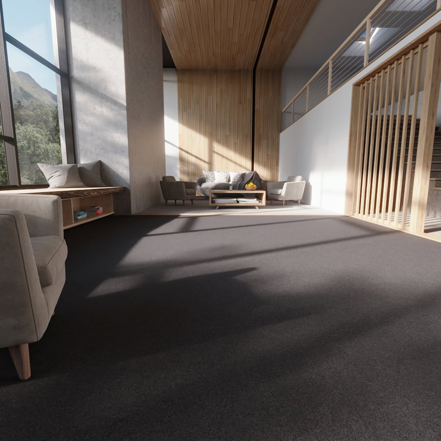 Piso em carpete com textura natural e fio torcido, cinza escuro