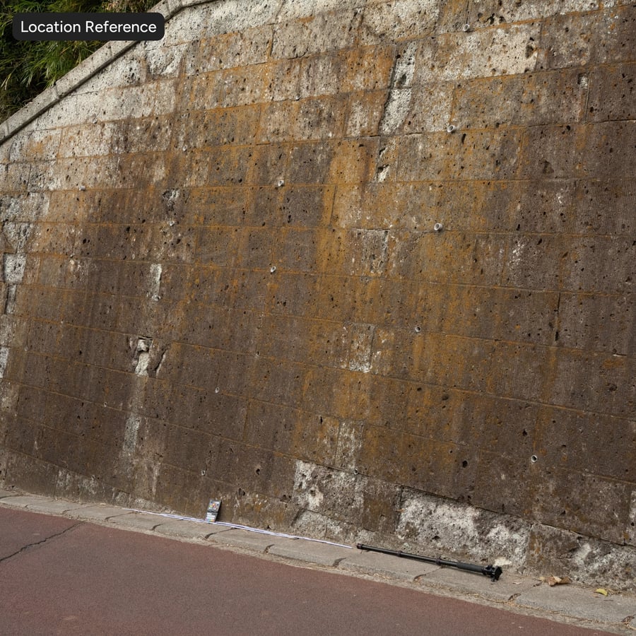 Lichen Covered Grooved Concrete Retaining Wall Texture