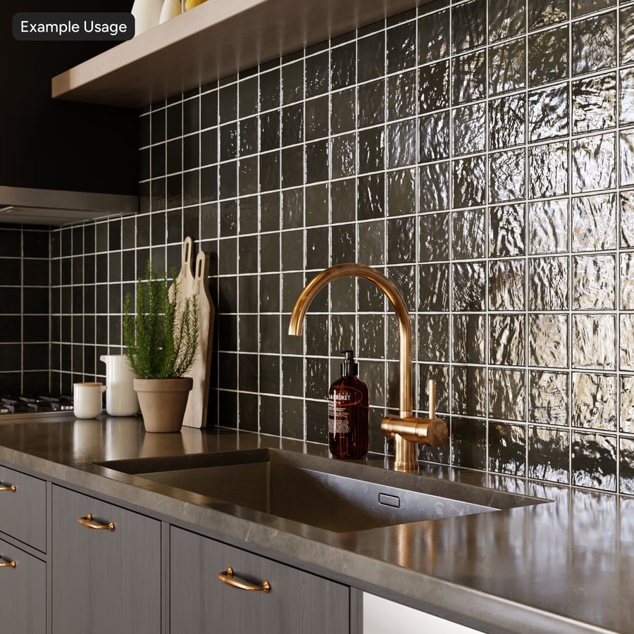 Textura de azulejo quadrado Zellige brilhante, preto azeviche