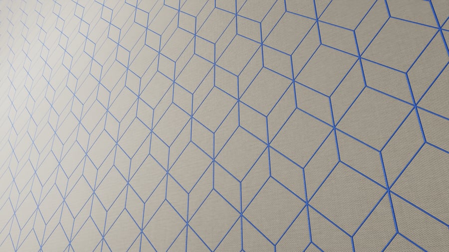 Tecido para estofamento com padrão geométrico em cubos, bege e azul
