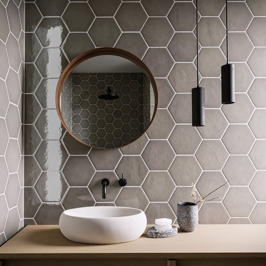 Textura de azulejo cerâmico brilhante hexagonal, bege