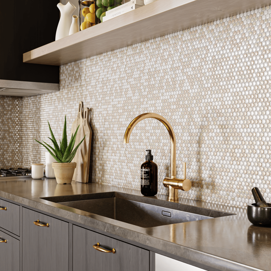 Penny Round Ceramic Glossy Tile Texture, Beige