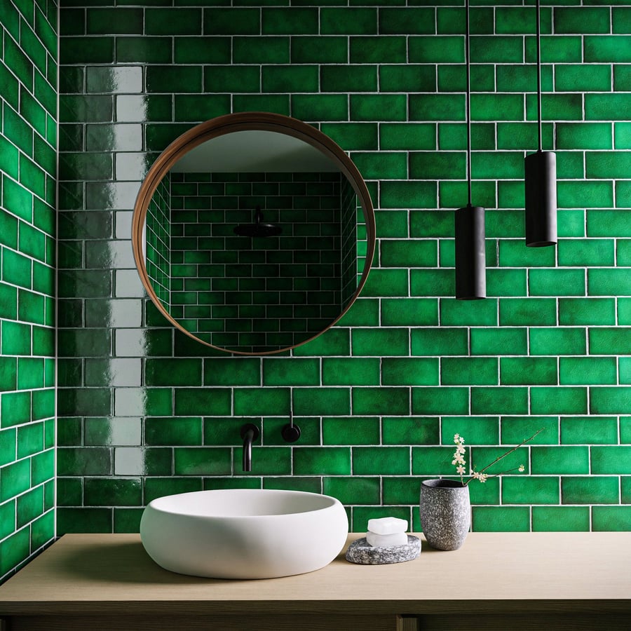 Textura de azulejo cerâmico brilhante com desvio retangular, verde esmeralda