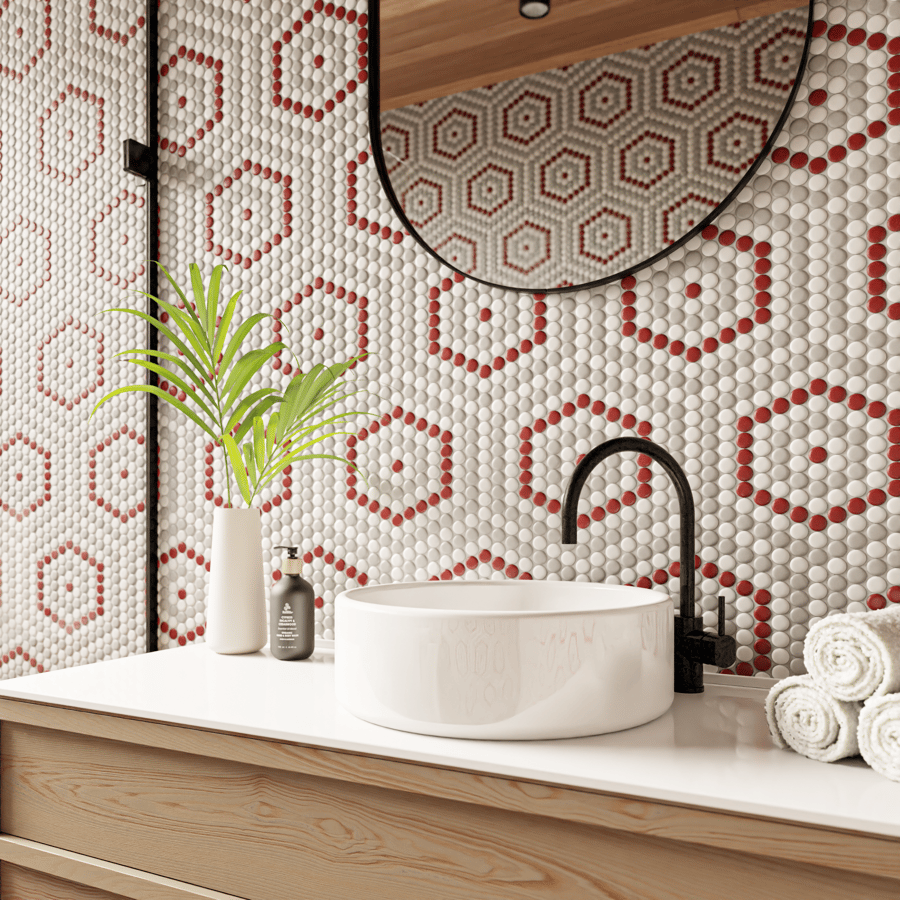 Penny Round Ceramic Glossy Tile Texture, White Hexagon