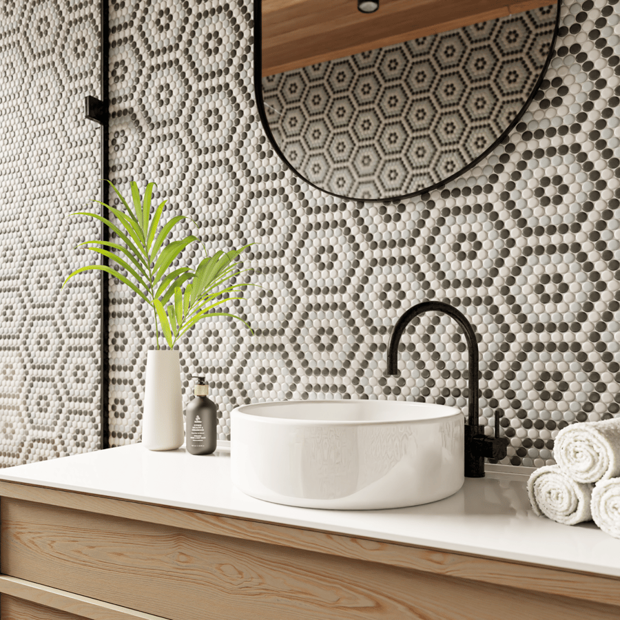 Textura de azulejo cerâmico brilhante redondo, hexágono cinzento