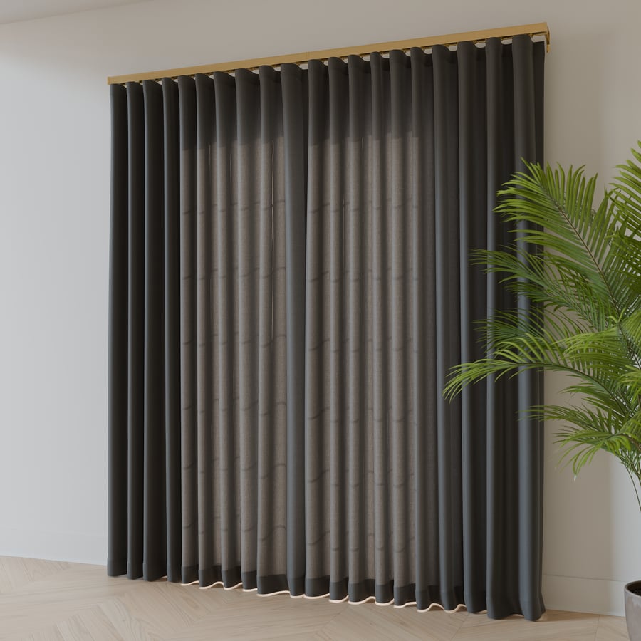 Modelo de cortinas fechadas com pregas onduladas, cinza